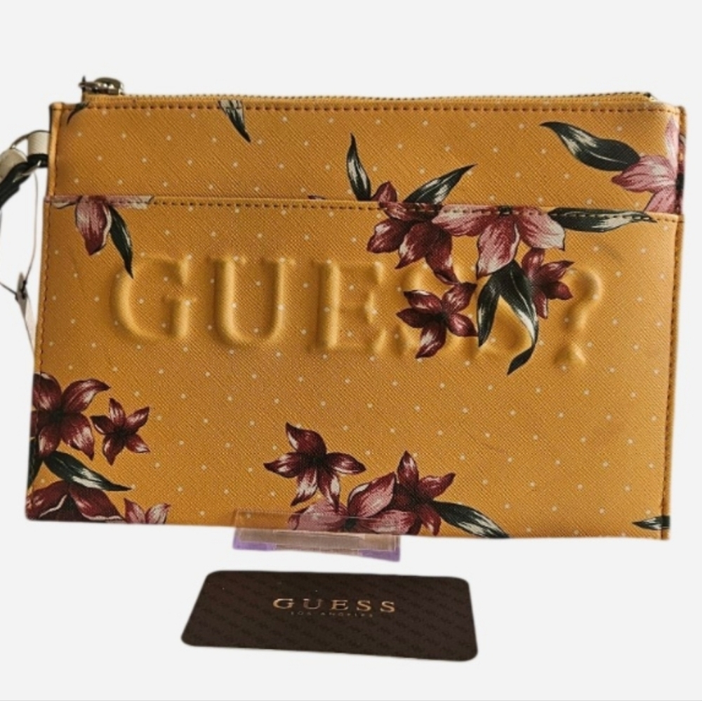 GUESS Mustard Floral Embossed Wristlet